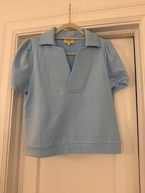 Soft Blue Puff Sleeve Polo Top in Sweatshirt Marerial
